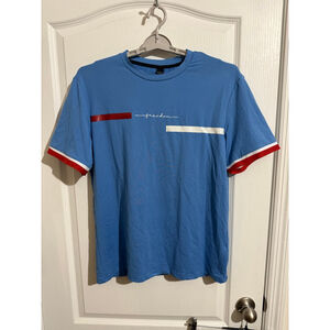 Men's MANFINITY Blue Red White Striped Short Sleeve Tee L